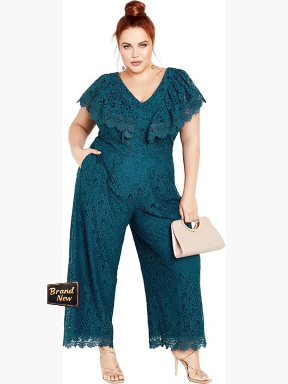 Plus Size Jumpsuit with Lace Overlay, Functional Pockets, Ankle Length